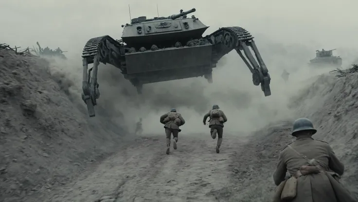 A giant spider-like tank moves over the trenches and soldiers running away from, realistic