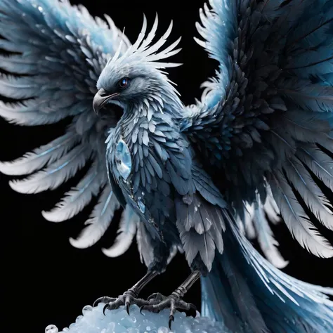 (Highest Quality, 4k, masterpiece, Amazing Details:1.1) photo of  ice blue phoenix, detailed feathers, wings spread, frost and mist surrounding, icicles, background is black, no background