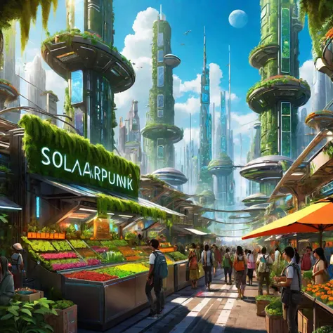 Create a mesmerizing artwork capturing a bustling futuristic solarpunk cityscape. The scene showcases a vibrant sustainable people market, with colorful stalls and bustling crowds. The city is adorned with lush greenery, solar panels, and innovative sustai...