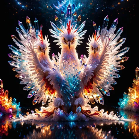 image of a crystalline phoenix â a majestic creature made of iridescent crystals that erupt in a burst of vivid colors as it rises from the ashes. The rebirth is accompanied by a symphony of radiant hues, creating a breathtaking display that symbolizes t...