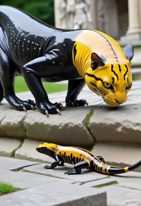 Casual photo of an hybrid animal between a cat and ((black-yellow salamander)) mixed together in a ((unique animal)), stalking between Roman ruins and classic sculptures, wet skin, no fur even in the head