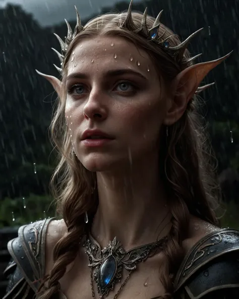 Beautiful girl elven in a style Carnival Row during a thundertstorm, crying, heavy rain, large droplets, highly detailed, Like life, photo realistic, perfectly drawn hands, perfectly drawn face, perfect composition, beautiful detailed intricate insanely de...