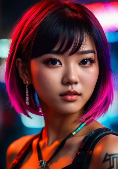 a young cute asian girl, colorfull bob cut hair, lush hair, (extra detailed eyes:1.15), slight smile, realistic skin noise, visible skin detail, skin fuzz, dry skin, freckles, remarkable detailed pupils, raised eyebrow, sexy, upper body, tatoo, happy, jewe...