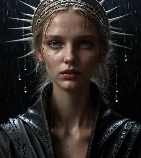 Beautiful sad girl (sasha luss) in a style Carnival Row during a thundertstorm, heavy rain, large droplets, highly detailed, Life like, photo realistic, perfectly drawn hands, perfectly drawn face, perfect composition, beautiful detailed intricate insanely...