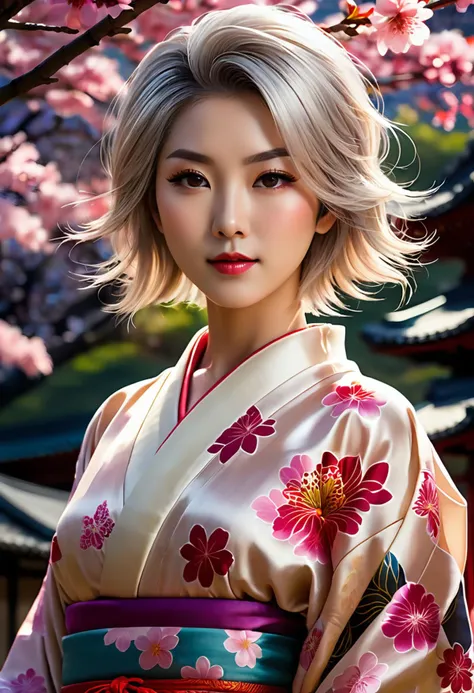 Captivating a realistic artwork, seductive and elegant Japanese woman, large eyes, highly detailed eyes, tomboy haircut, white hair, seductive smirking expression, while standing, flat stomach, wearing a sakura silk kimono, confident expression,  bonsai ga...