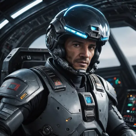 ultrares, best quality photo: a still from the sci-fi film "Space Battle", where the protagonist, a fighter pilot, faces off against an alien invasion. The photo shows the cockpit of his jet, which is full of futuristic gadgets and displays. He is wearing ...