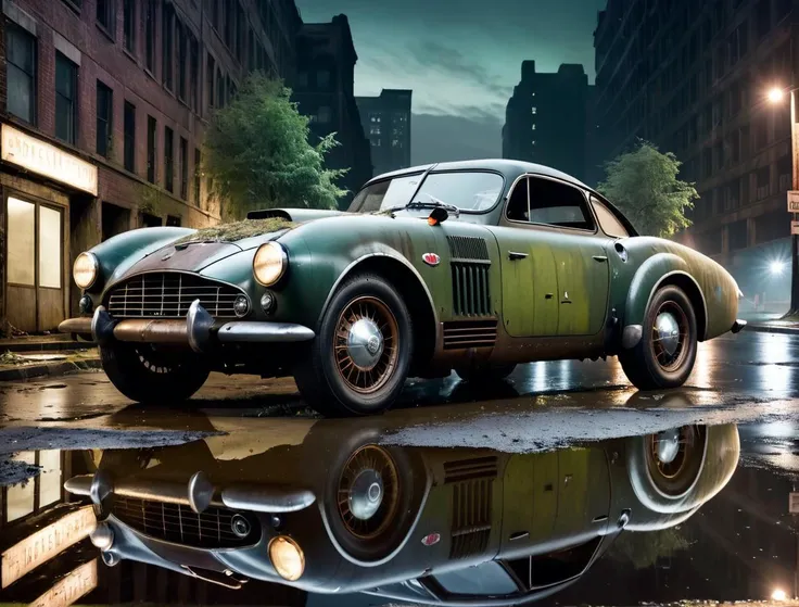 a photo of a dieselpunk sports car, 3/4 front view, survival, post-apocalyptic, cyberpunk, outdoors, ((night)), destruction, urban decay, reflective puddles masterpiece, overgrown city