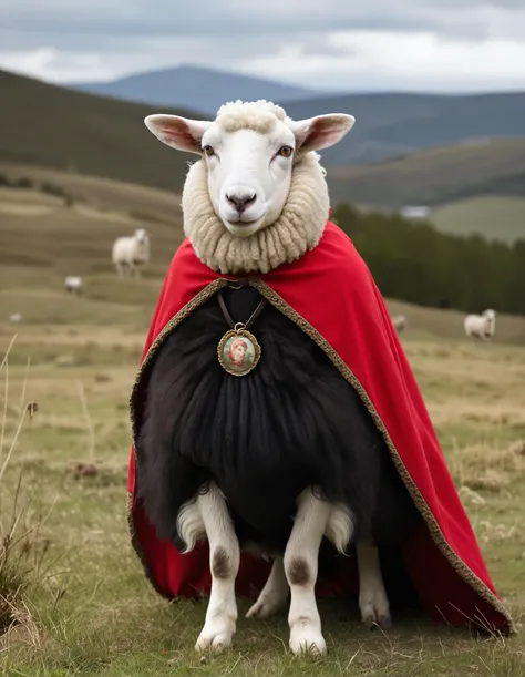 photo 
The image portrays a sheep, adorned with a ruff collar and dressed in a black dress, standing amidst a landscape. The sheep is wearing a red cape and appears to be the subject of a portrait painting.