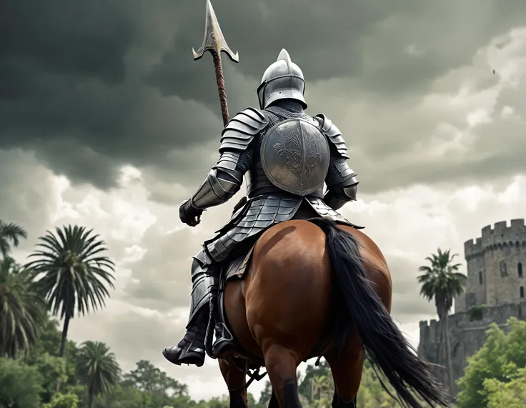 photo 

weapon, tree, armor, polearm, horse, original, sky, spear, cloud, horseback riding, helmet, castle, holding, lightning, 6+boys, holding weapon, giant, animal, oversized animal, sword, outdoors, palm tree, multiple boys, soldier, shoulder armor, clo...