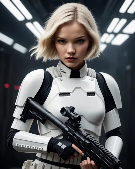 (half-body shot:2) , WLOP style, cinematic,  (woman as an iconic Storm trooper from Star wars movie), with DC-15A Blaster Rifle, helmet removed, ((textured skin)),  ((chapped lips)), , catch lights in eyes, , rosacea , serial killer , facing camera , dynam...