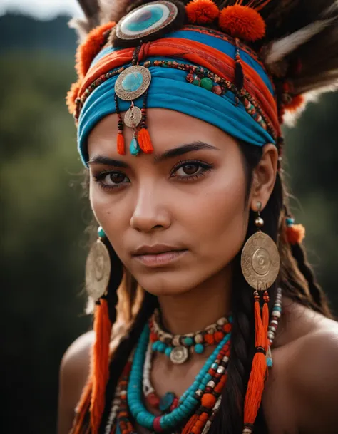 a woman with a headdress and feathers on her head