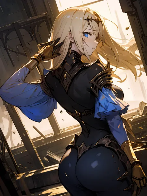 masterpiece,best quality,highres,cinematic lighting,dramatic angle,<lora:ShadowverseTetraV3-000018:0.75> ,1girl,blond hair,long hair,hair ornament,blue eyes,black bodysuit,blue sleeves,armor,gold-trimmed,gold gloves,see-through,mecha musume,rain,(monochrom...