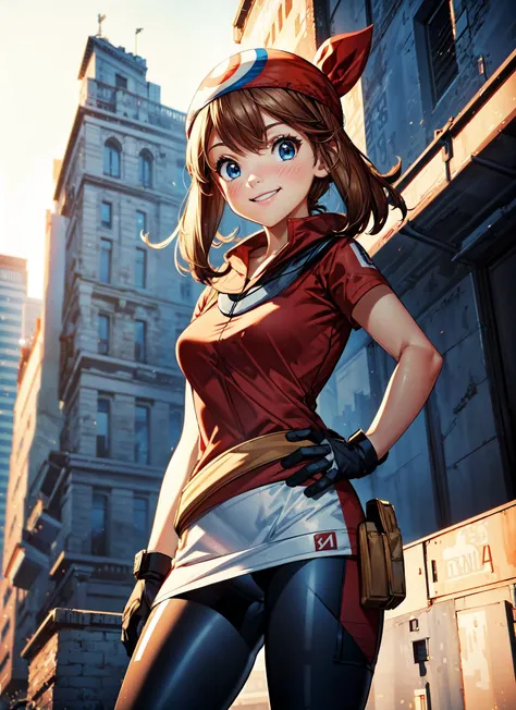 1girl,may,brown hair,medium hair,bandana,red bandana,blue eyes,red shirt,gloves,short sleeves,white skirt,black short leggins,short leggins,black leggins,standing,(hands on hips),smile,smiling,happy expression,happy face,(from below),looking at viewer,mast...