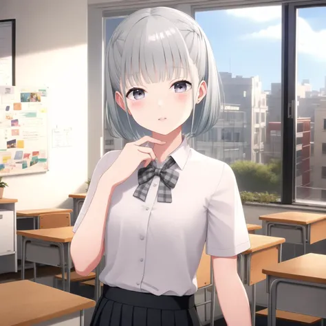 (masterpiece, best quality), 1girl, solo, ipkana, school_uniform, <lyco:kana-000018:0.69>, classroom, window, curtains, looking_at_viewer, blush, parted_lips, day