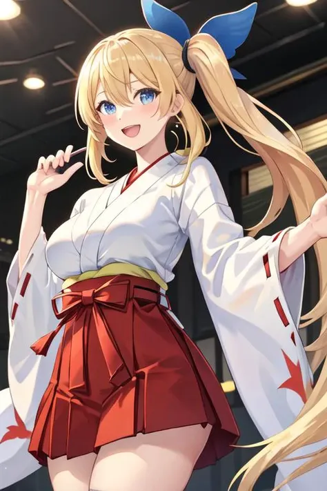 best quality, masterpiece, highres, solo, {white kimono:1.35}, {red hakama:1.35}, {wide sleeves:1.20}, {akari_bluearchive:1.15}, blonde_hair, long_hair, blue_eyes, virtual_youtuber, smile, blush, breasts, ribbon, side_ponytail, open_mouth, bangs, hair_ribb...