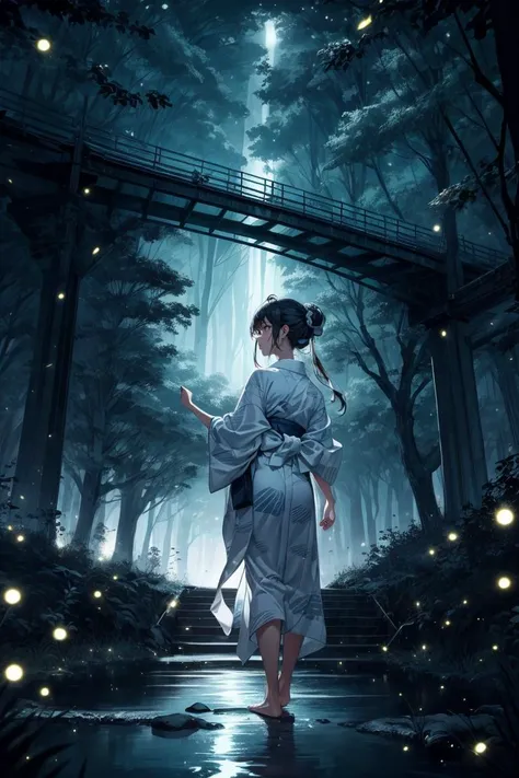 (masterpiece, best quality, ultra detailed, hyper realistic, photo), delicate pattern, detailed background, super fine concept art,
1girl, very long shot, from below, from behind, turn ones face away, looking away,
midnight, dark forest, stream, bridge, 
w...