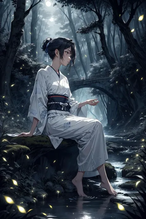 (masterpiece, best quality, ultra detailed, hyper realistic, photo), delicate pattern, detailed background, super fine concept art,
1girl, very long shot, from below, sitting, turn ones face away, looking away,
midnight, dark forest, stream, bridge, 
white...