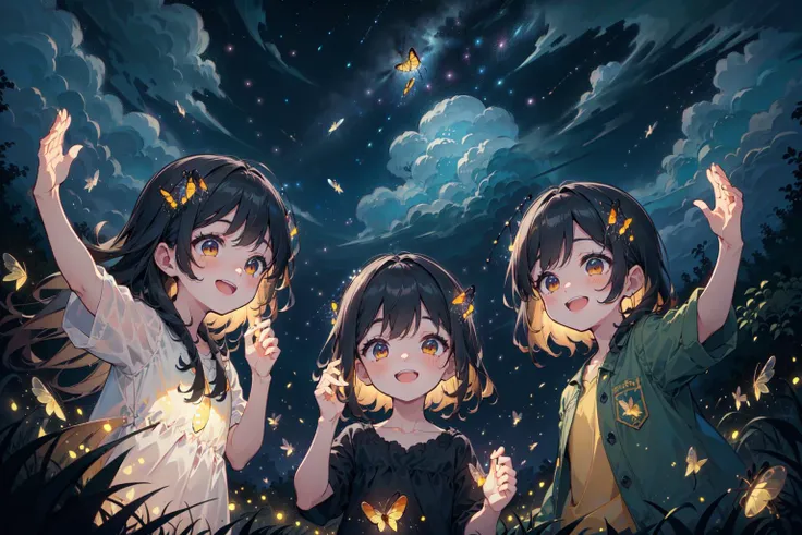 16k illustration,(deep dark night sky:1.5),natural lighting, soft lighting, sunlight, HDR (High Dynamic Range), Maximum Clarity And Sharpness, Multi-Layered Textures,
<lora:fireflies_v1:1> (fireflies,3 children releasing the fireflies in their hands to the...