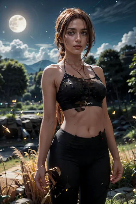 a woman in a black bra top standing in a field