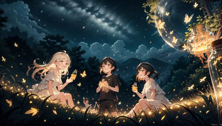 beautiful nightsky,natural lighting, soft lighting, sunlight, HDR (High Dynamic Range), Maximum Clarity And Sharpness, Multi-Layered Textures,<lora:fireflies_v1:1> fireflies,3 children,happy,playing ,perfect detail hands,perfect detail fingers,holding jars...