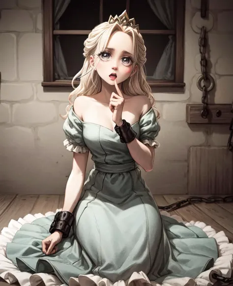 (masterpiece, top quality, best quality, official art, beautiful and aesthetic:3, photorealistic:0.5),<lora:more_details:0.5>,  cute:1.4,  
<lora:slaytheprincess:0.7> 1girl, princess, crown, shackles, chain, scared expression, BREAK, sitting, on ground, BR...