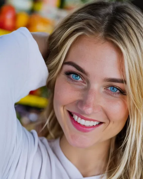 a stunning intricate full color portrait of a twenty year old woman standing in the grocery store,
with blue eyes and wavey blon...