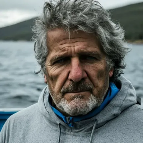 a portrait of a man standing on top of a boat, wearing a blue hoodie, resting on a tough day, profile picture 1024px, stormy sea...