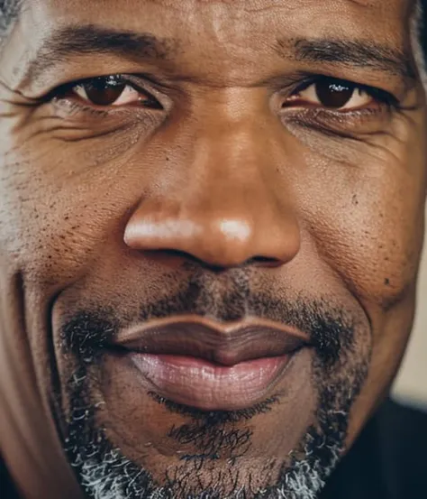 portrait photo of denzel washington wearing a black suit, smiling, white shirt, no tie, fifties, fifty years old, beard, wearing...