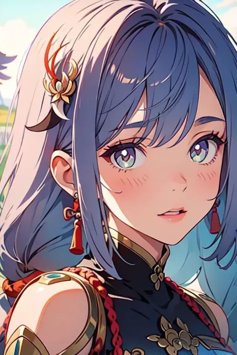 face portrait, close up, (masterpiece:1.1),incredibly absurdres,8k wallpaper,ultra detailed,top quality,1girl, happy, kissy lips, angelic eyes,sharp focus,shenhe (genshin impact), shenhedef,shenhernd