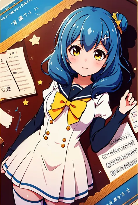 (masterpiece, best quality), 1girl,    <lora:Kunieda-Shiho:0.8> kuniedashiho, blue hair, hair between eyes, star hair ornament, single side bun, hairclip, musical note hair ornament, medium hair, yellow eyes, sailor dress, white dress, brown sailor collar,...