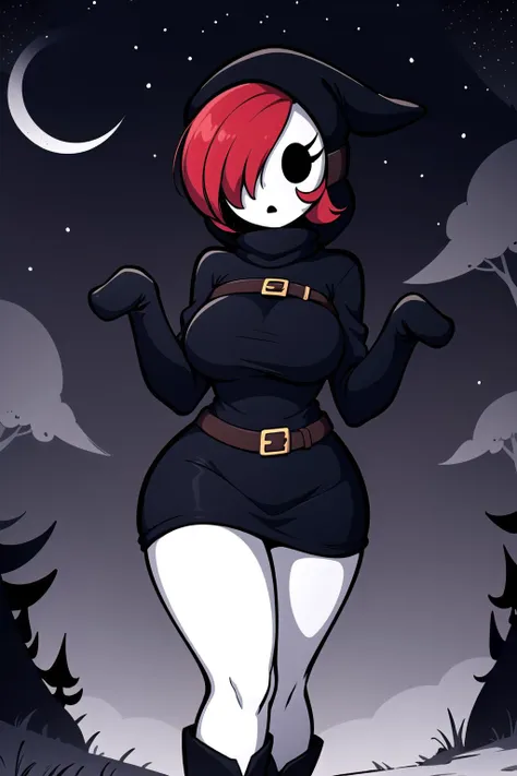 official art, 1girl, dress, hood, mask, hollow eyes, black dress, brown belt, thighs, white boots, red hair, hair over one eye (sleeves past fingers, sleeves past wrists), large breasts, dark forest, creepy, night, (chibi), cartoony, best quality, ((master...