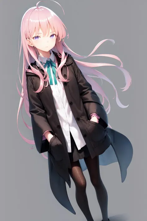 masterpiece, best quality, highres, 1girl hoki pink hair purple eyes, green neck ribbon collared shirt white shirt black skirt pink and black robe wide sleeves black pantyhose <lora:hoki:1> hands in pockets, photorealistic