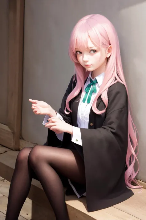 masterpiece, best quality, highres, 1girl hoki pink hair, green neck ribbon collared shirt white shirt black skirt pink and black robe wide sleeves black pantyhose <lora:hoki_07:1> sitting, photorealistic