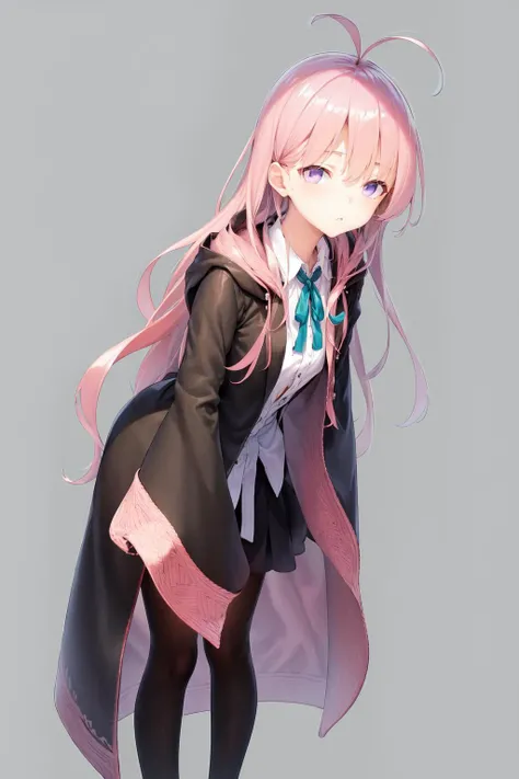 masterpiece, best quality, highres, 1girl hoki pink hair purple eyes, green neck ribbon collared shirt white shirt black skirt pink and black robe wide sleeves black pantyhose <lora:hoki:1> standing, leaning forward