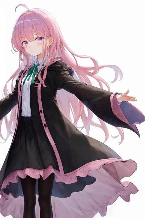 masterpiece, best quality, highres, 1girl hoki pink hair purple eyes, green neck ribbon collared shirt white shirt black skirt pink and black robe wide sleeves black pantyhose <lora:hoki:1> standing, outstretched arms, reaching out