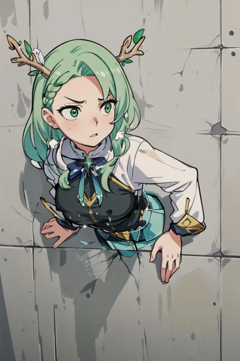 anime girl with green hair leaning on a wall