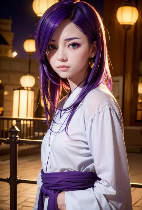 a close up of a woman with purple hair and a white shirt