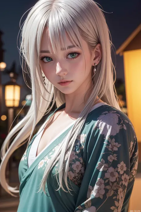 (8k, RAW photo, realistic, photo-realistic:1.5), ,(masterpiece), european girl, night, lantern festival, streaked multicolored hair, green eyes, (silver hair:1.3),  piercings, hanfu,