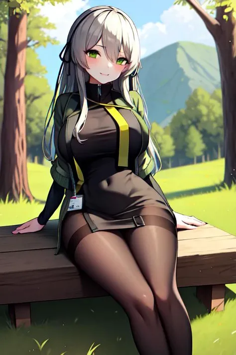 <lora:gwedaArtstyle_v10:0.7> gweda, thin thigh, slender, (huge breasts:1), from head below legs, 1girl, solo <lora:UMP40-pynoise:1>origin,id card,  green open jacket, shirt, pantyhose, in labatory, landscape, outdoor, in forest, sitting on wood, grass