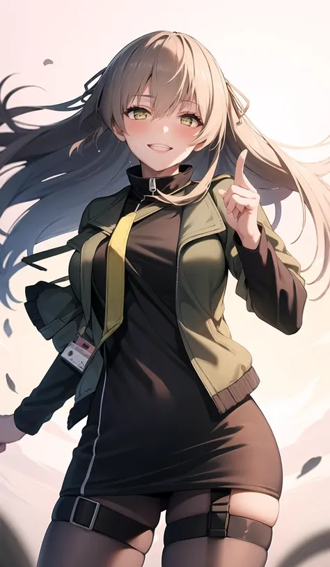 origin, 1girl,middle finger, long hair, solo,  id card, long hair, star-shaped pupils, smile,floating sakura, looking at viewer, green jacket, shirt,  pantyhose, open jacket,sweat,smile,blush, cowboy shot, <lora:UMP40-pynoise:1>