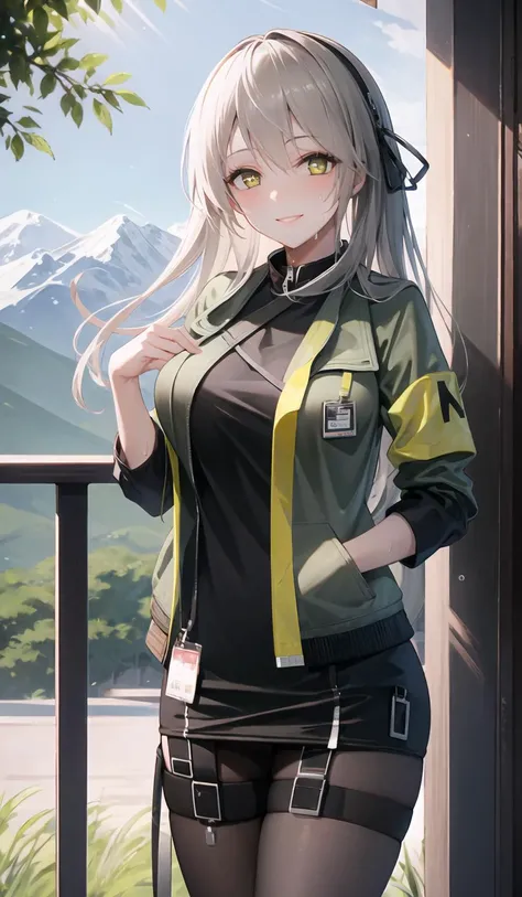 origin, 1girl,leg hug, long hair, solo, id card, long hair, star-shaped pupils, smile,mountain, looking at viewer, green jacket, shirt, pantyhose, open jacket,sweat,smile,blush, cowboy shot, <lora:UMP40-pynoise:1>