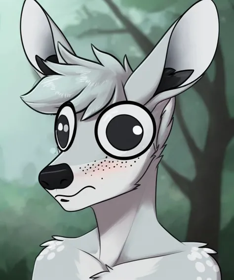 solo, anthro, male, headshot portrait, (detailed background:1.2), (embarrassed expression:1.3), by bastiel, deer, fur, furry, fluffy, Pale Dogwood, Verdigris, (freckles, blush:1.1), (googly eyes, googlyeyes:1.1) <lora:LoRAGooglyeyes128BY:1.0>