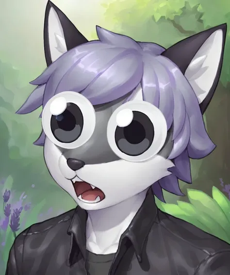 solo, anthro, male, headshot portrait, (detailed background:1.2), (amazed expression, in awe:1.2), by zi ran, fox, hair, Lavender gray, Black olive, Buff, (googly eyes, googlyeyes:1.1) <lora:LoRAGooglyeyes128BY:1.0>, leather jacket, cute fangs