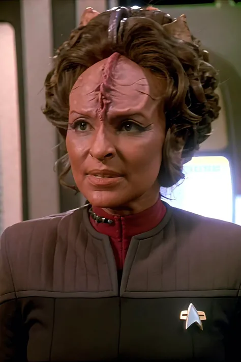 headshot of woman,female kazon, reddish brown ochre skin, bumpy ridged forehead, brown wooly hair with leaves, wearing black and red ds9st uniform, sci-fi starship background, <lora:kazon_lora:0.7>,  <lora:DS9_768V12:0.8>