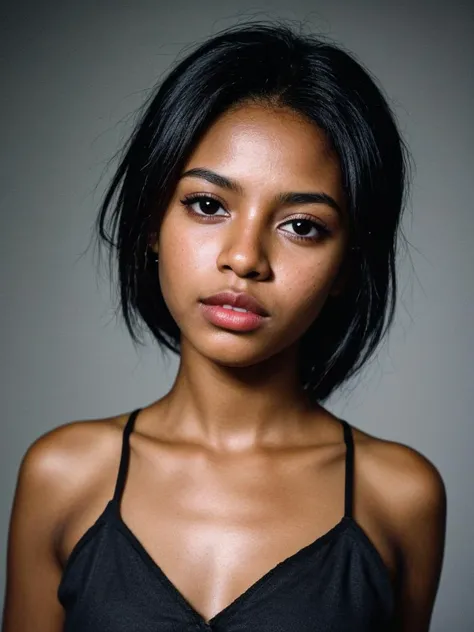 a close up of a woman with a black top and a black bra