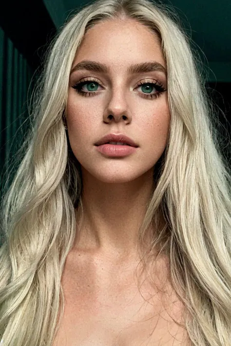 a close up of a woman with long blonde hair and a green eyeshadow