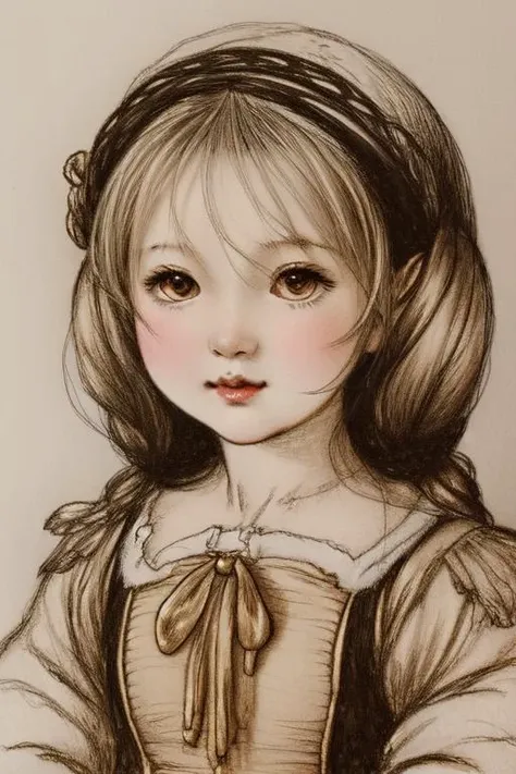 <lora:envybetterhandsLocon_alpha3:1>, <lora:Golden Age:1.2>, goldenage, drawing of a cute girl,  portrait,  <lora:Bjd Doll :1>, bjddoll