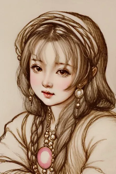 <lora:envybetterhandsLocon_alpha3:1>, <lora:Golden Age:1.2>, goldenage, drawing of a cute woman,  portrait,  <lora:Bjd Doll :1>, bjddoll