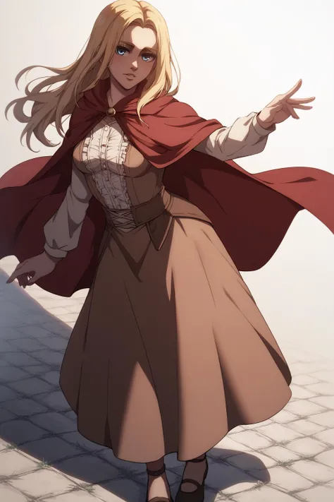 score_9, score_8_up, score_7_up, BREAK source_anime, <lora:historia reiss v2-PonyXL-lora-Faxtron:0.8> historia reiss, blue eyes, blonde hair, long hair, medium breasts, long brown dress, red cape, shoes,