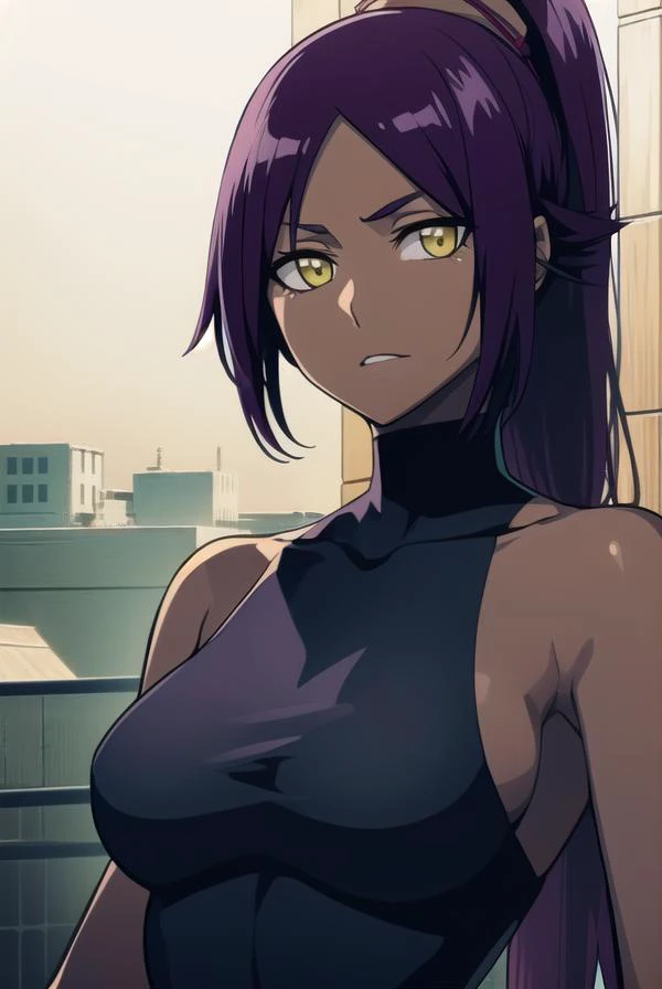 yoruichishihouin, <lora:yoruichishihouinv2-lora-nochekaiser:1>,
yoruichi shihouin, long hair, (yellow eyes:1.5), ponytail, purple hair, dark skin, dark-skinned female,
BREAK bodysuit, black bodysuit, bare arms, bare shoulders, sideboob,
BREAK outdoors,
BRE...